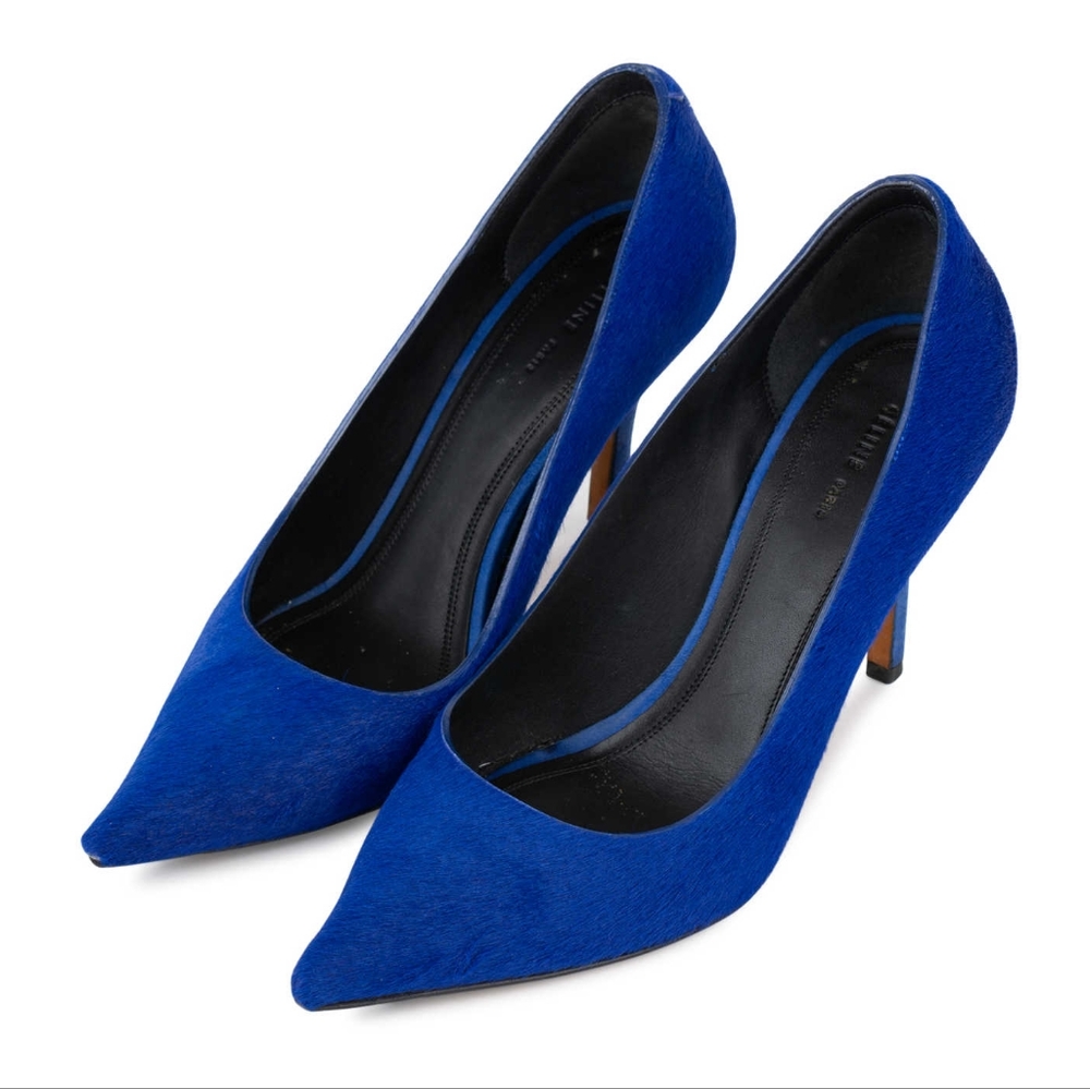 CELINE Cobalt Blue Pony Hair Pointed Toe Leather Pumps Suede Heels sz 40